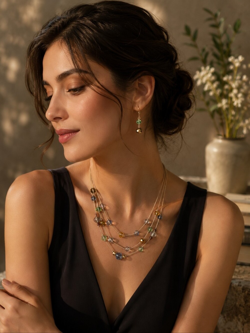 Vintage Multi-Strand Crystal Bead Necklace & Earring Set